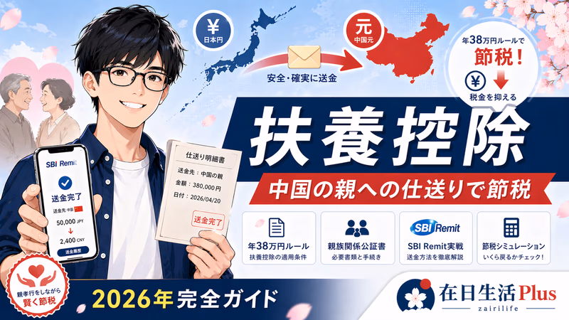 【2026年完整指南】扶養控除：给中国父母汇款节税——年38万円规则・亲属关系公证书・SBI Remit实战