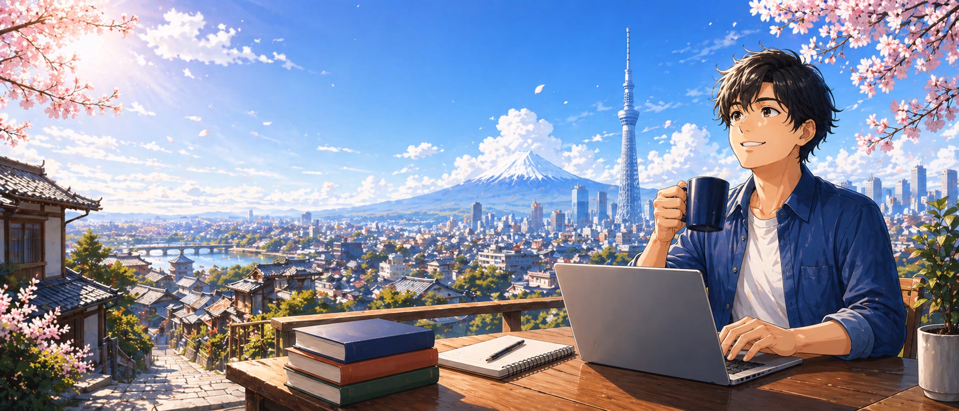 桜と東京の街並みを背景に、日本での生活情報を調べる人物