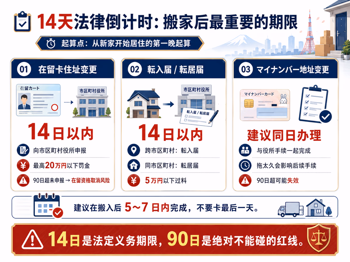 搬家后14天法律倒计时图解：在留カード住所変更、転入届・転居届、マイナンバーカード住所変更