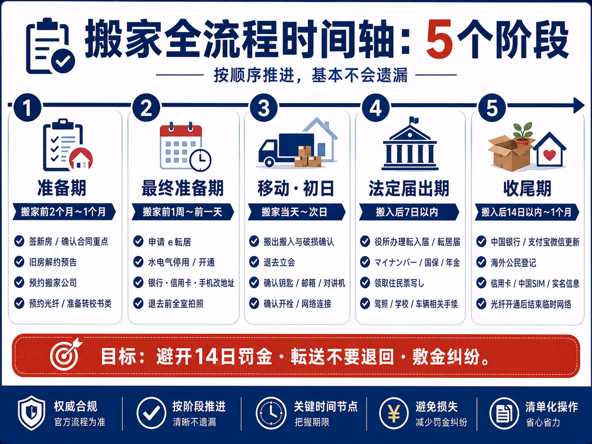 搬家全流程时间轴图解：准备期、最终准备期、移动初日、法定届出期、收尾期