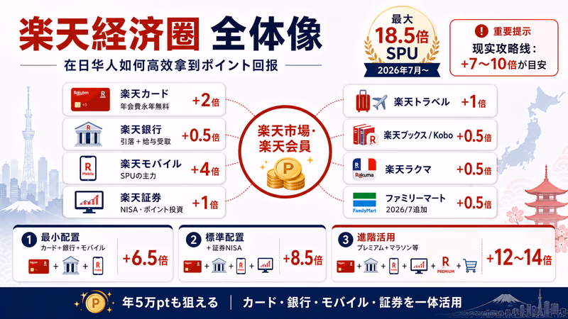 楽天経済圏全体像｜在日华人SPU倍率与现实攻略线（最大18.5倍／+7〜10倍が目安）