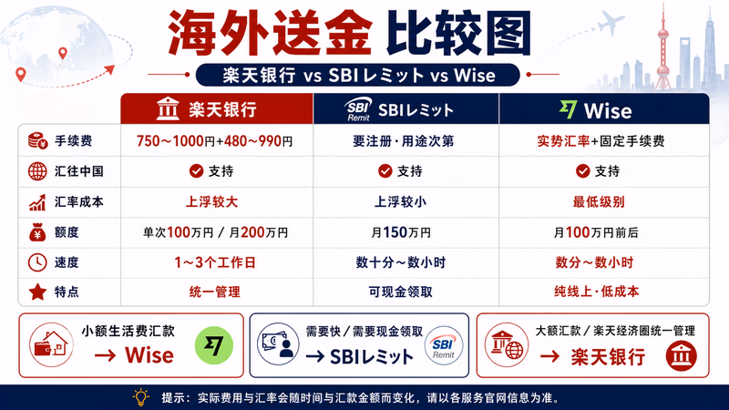 海外送金比較図｜楽天銀行 vs SBIレミット vs Wise の手数料・額度・速度・特点